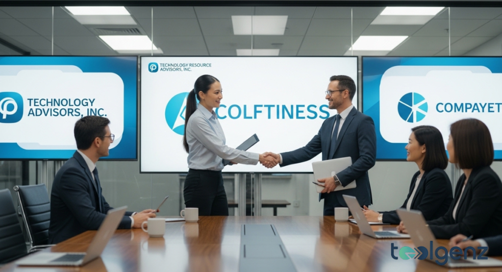 Two professionals shake hands in a boardroom while colleagues watch, with partnership logos displayed on large screens. The setting suggests a formal client agreement or alliance announcement.