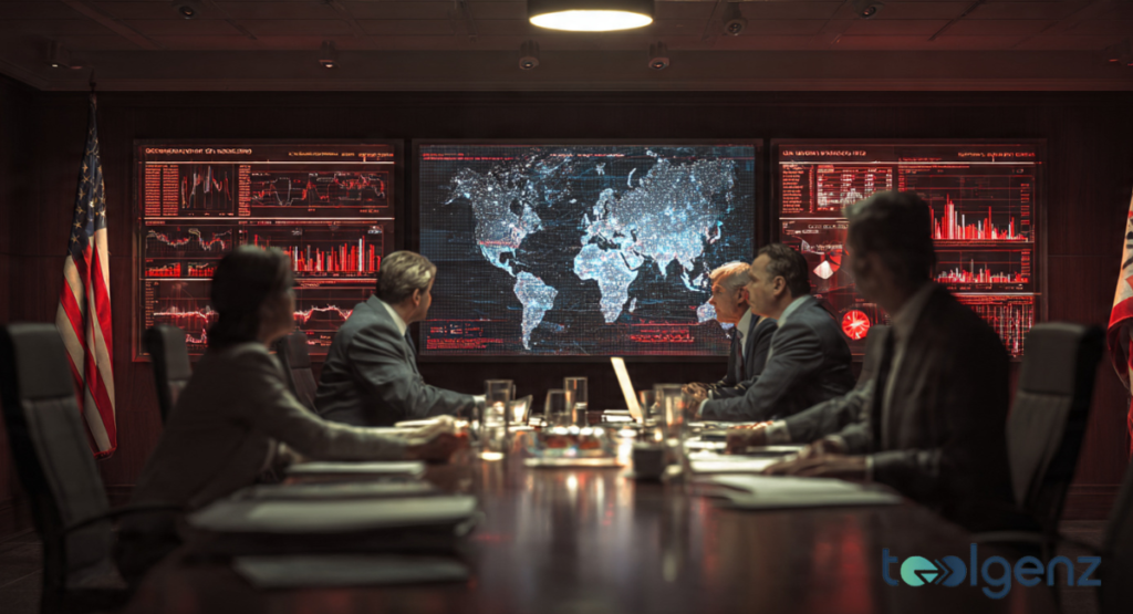 A clandestine meeting of suited men around a table, intensely studying a world map projected on a large screen. The dark, serious atmosphere and military flags hint at strategic, behind-the-scenes decision-making.