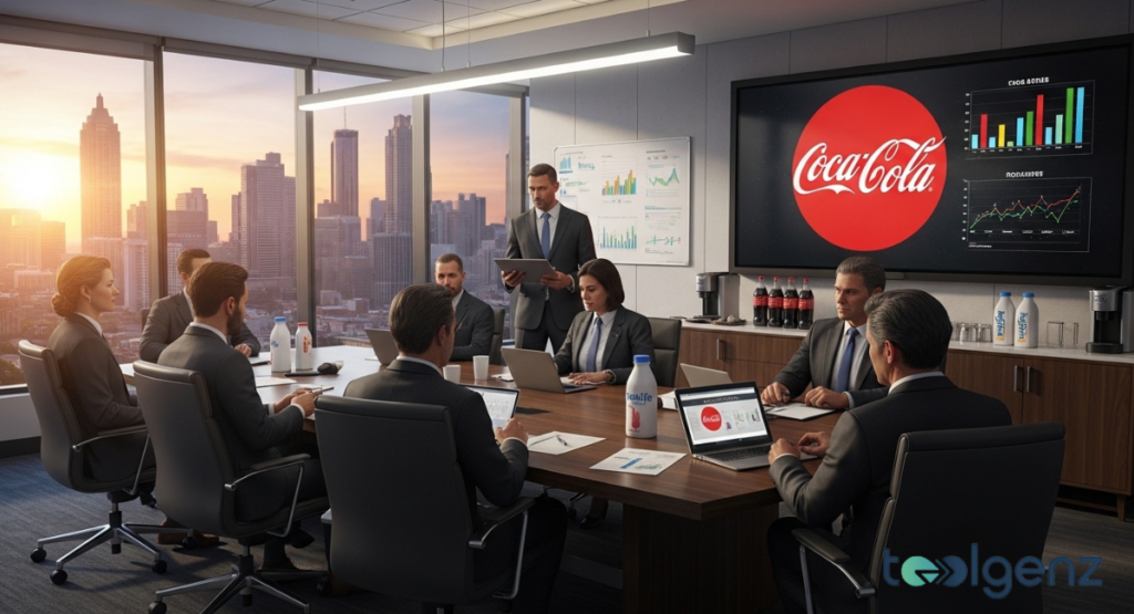 Coca-Cola Executives meet around a conference table with laptops, bottled drinks, and charts as a sunset city skyline glows behind them.