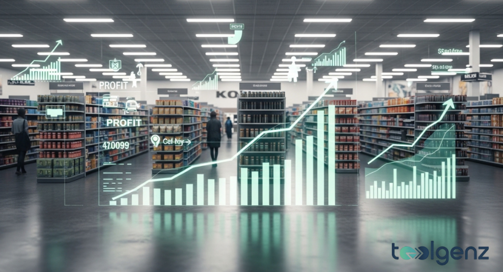 Interior of a retail store aisle with overlaid glowing bar charts and upward-trending profit graphics.