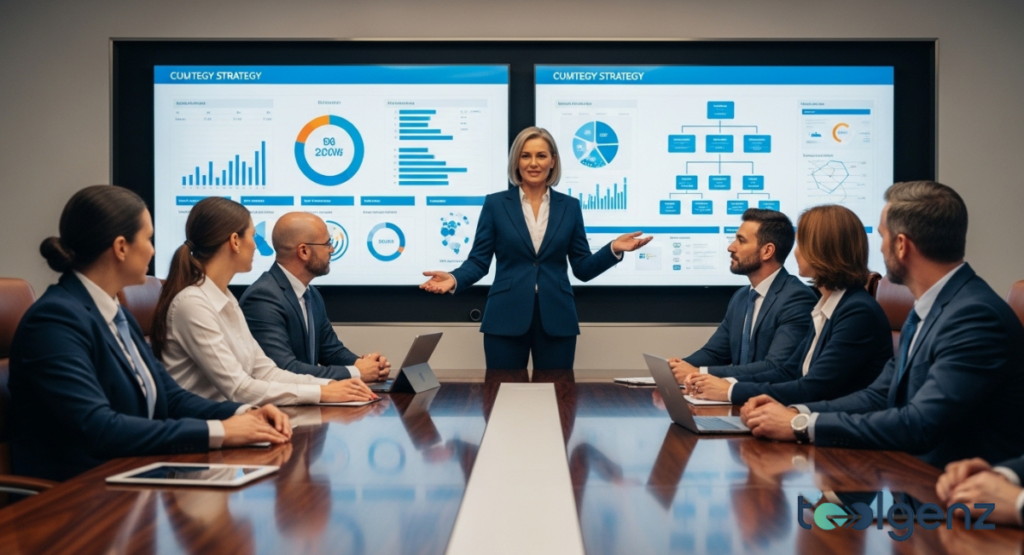 A female executive presents to a boardroom of diverse colleagues, with strategy charts on large screens behind her. The screens display pie charts, bar graphs, and organizational flowcharts, indicating a strategic business meeting.