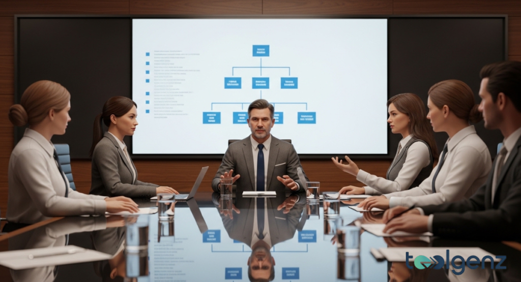 A male executive leads a boardroom meeting, gesturing while an organizational chart is displayed on a screen. He is surrounded by a diverse team of professionals, all engaged in discussion and analysis.