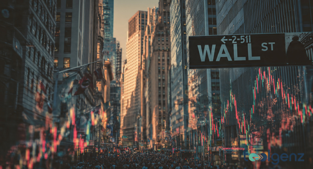 The iconic "Wall St" sign hangs above a bustling street in New York City, flanked by towering skyscrapers. Glowing financial data overlays the crowded street, symbolizing Wall Street's impact on global markets.