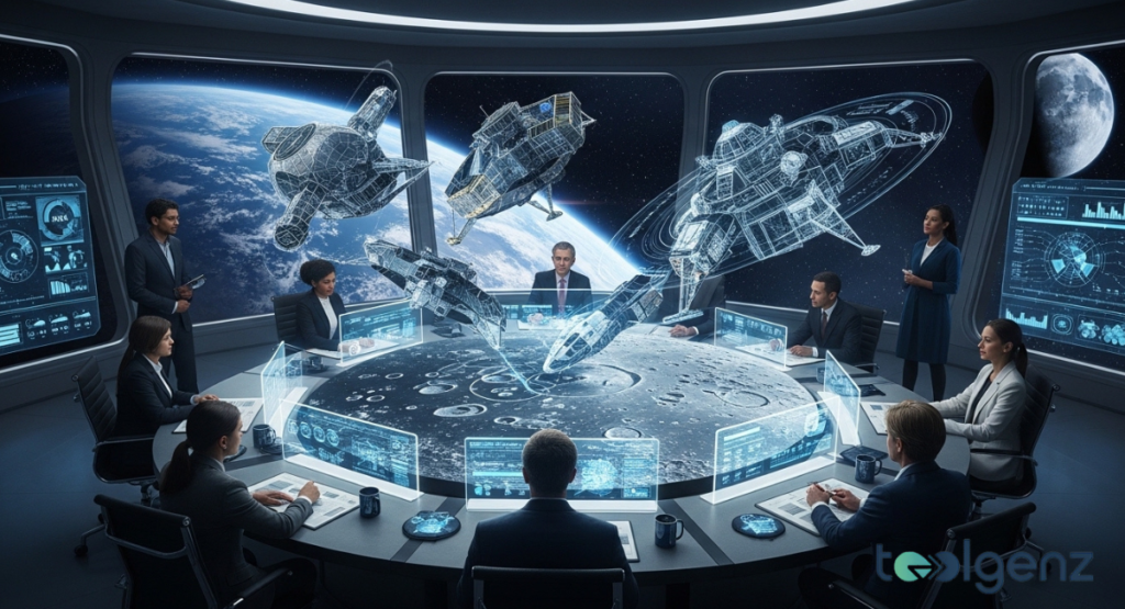 Leadership team meets around a round table with holographic spacecraft. Large windows show Earth and the Moon beyond digital data screens.