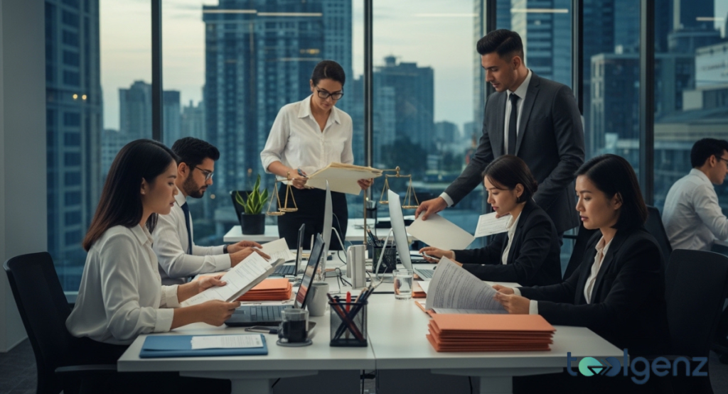 A busy law office where legal professionals analyze documents and discuss cases at their workstations. Scales of justice, legal files, and laptops are spread across the desks, emphasizing legal work.