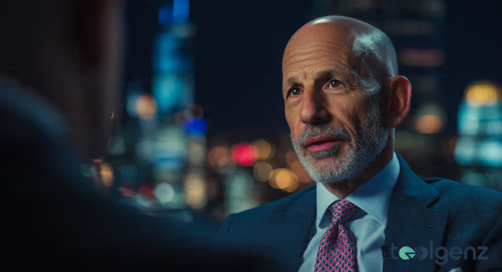 A distinguished, balding man with a grey beard and a suit engages in conversation against a city night skyline. He looks contemplative, reflecting on his continued influence after his tenure at Goldman Sachs.