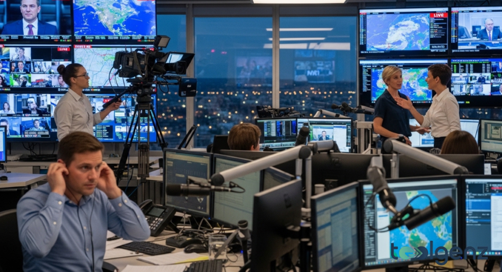 Busy evening newsroom for TCH Daily News with producers, camera operator and wall of screens. City lights glow through windows while anchors confer and technicians monitor feeds.