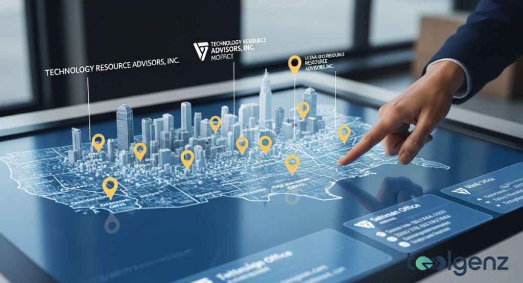 A hand points to yellow location pins on an interactive 3D city map displayed on a touchscreen. Contact cards and office details appear on the lower edge of the screen.