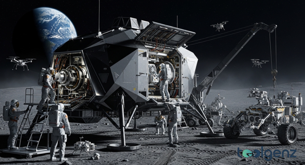 Angular lander with open service bays being tended by astronauts and drones. A crane and rover assist with equipment near the landing struts.