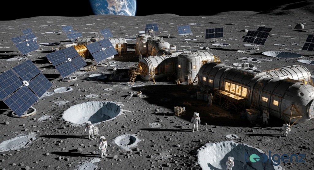 Compact NASA $20 Billion Moon Base e of cylindrical modules surrounded by tilted solar arrays. Astronauts walk among craters while warm light glows from windows.