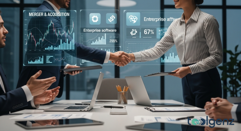 Two business executives shake hands across a conference table, with holographic displays showing "Merger & Acquisition" data and "Enterprise Software" metrics. This symbolizes major tech acquisitions shaping the enterprise software landscape.