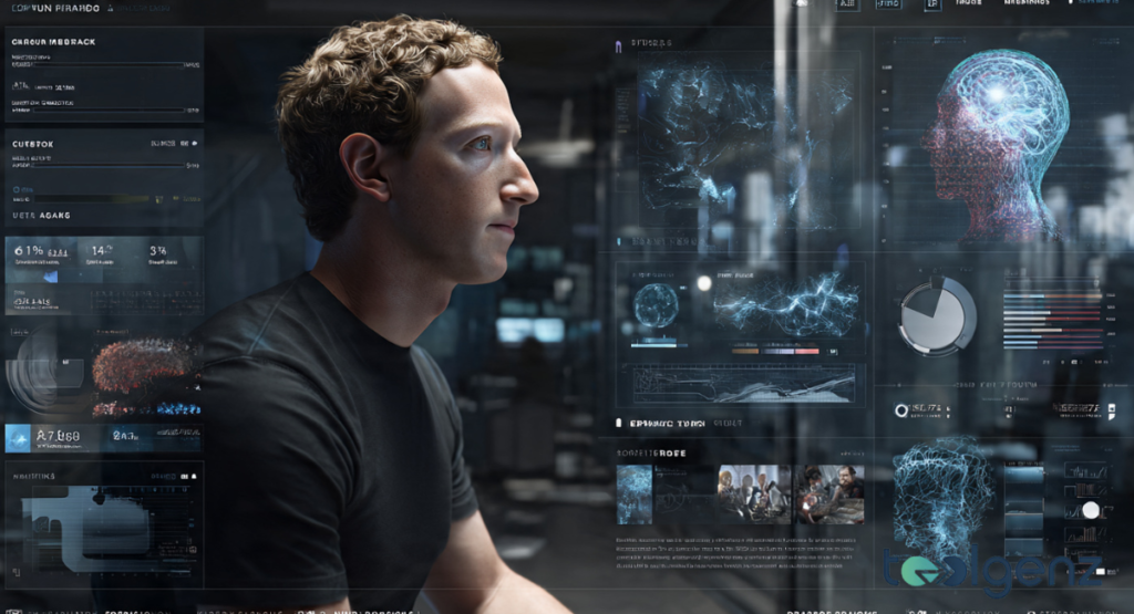 A side profile of Mark Zuckerberg in a dark shirt against holographic AI dashboards and neural graphics.
