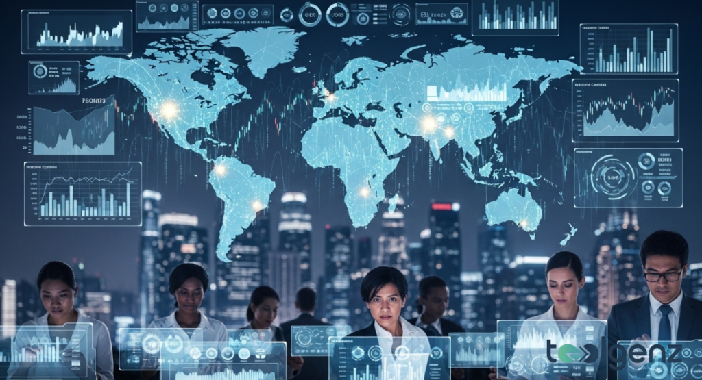 A glowing world map floats above a city skyline, surrounded by floating charts, while analysts study holographic dashboards in the foreground.