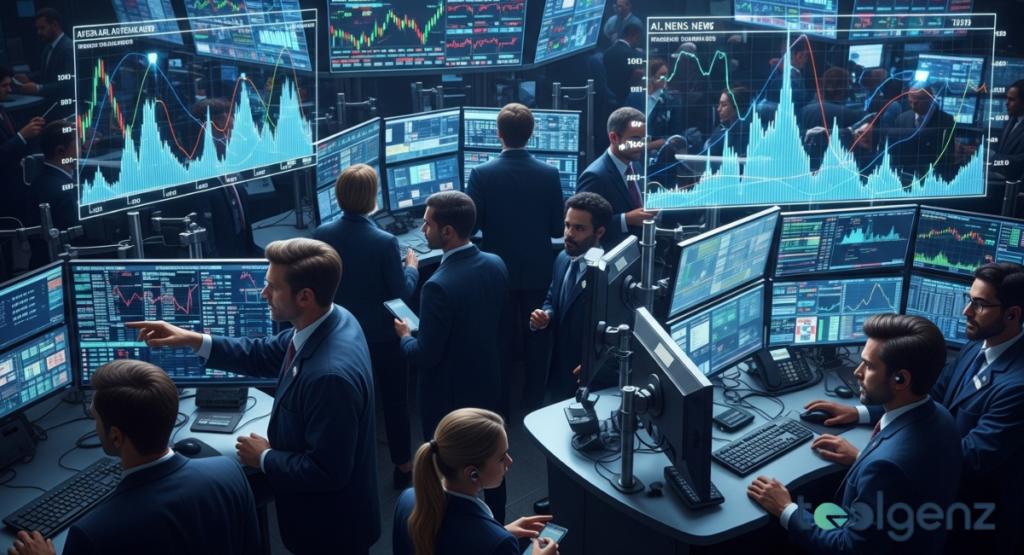Traders in suits work at curved desks surrounded by dozens of monitors and floating holographic charts showing sharp peaks.