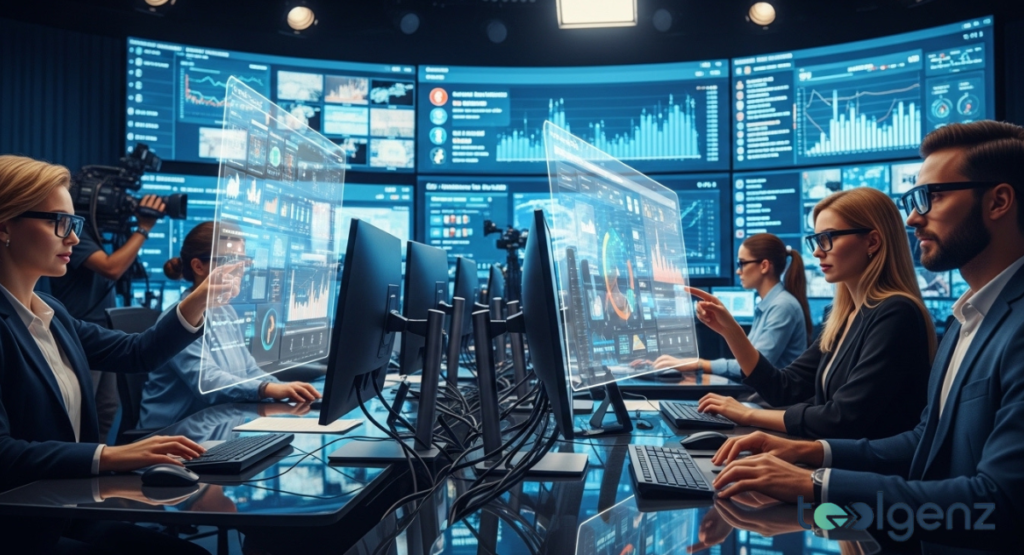 Journalists interact with transparent holographic dashboards displaying charts and feeds. Large wall screens show analytics, timelines, and social metrics in a blue-lit newsroom.