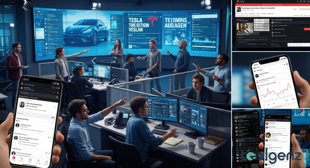 A busy media monitoring room with a large screen showing a Tesla car and a "TESLA REVLAN" headline. Numerous analysts work at computers, tracking news feeds, social media, and public response on various screens.
