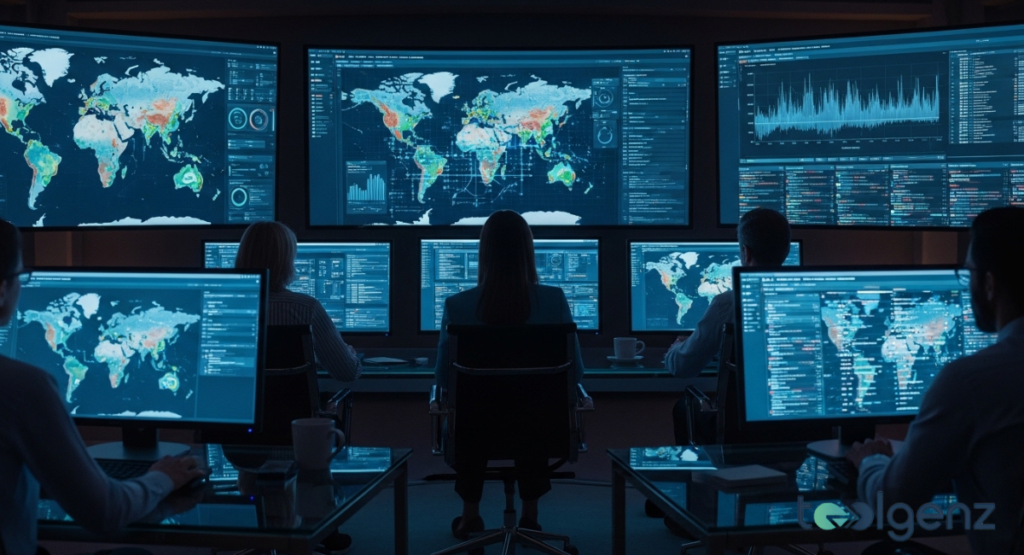 A dark control room with multiple operators monitoring global maps and data on large screens. The screens display real-time information, metrics, and alerts, indicating comprehensive tech coverage tracking.