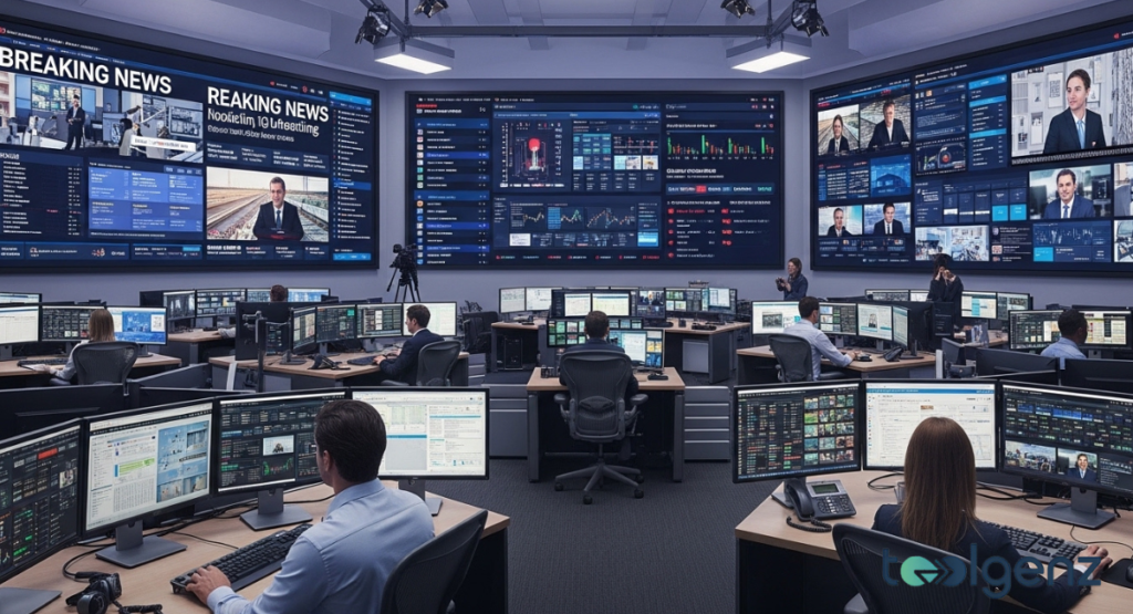 A busy news control room with a massive wall of screens displaying "BREAKING NEWS" and live broadcasts. Numerous analysts work at their desks, monitoring diverse news feeds and media updates.