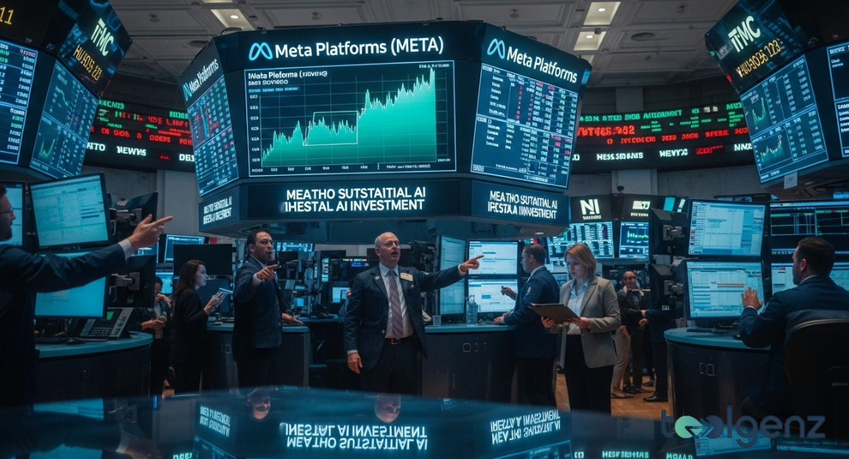 Traders point at overhead screens on a busy stock exchange floor displaying Meta Platforms (META) charts.