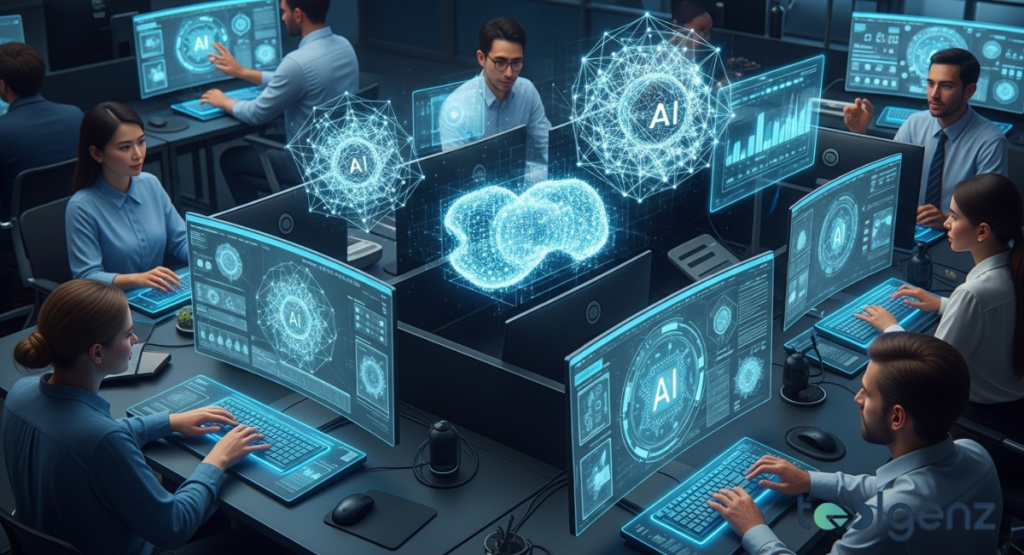 Developers sit at curved monitors displaying neural networks and “AI” symbols in a dim lab. Glowing wireframe models float above desks as the team codes and tests systems.