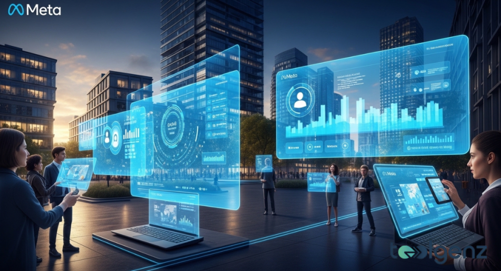 Professionals interacting with futuristic holographic Meta interfaces in a modern urban plaza at dusk. Team exploring data analytics, user metrics, and platform features under the Meta logo.