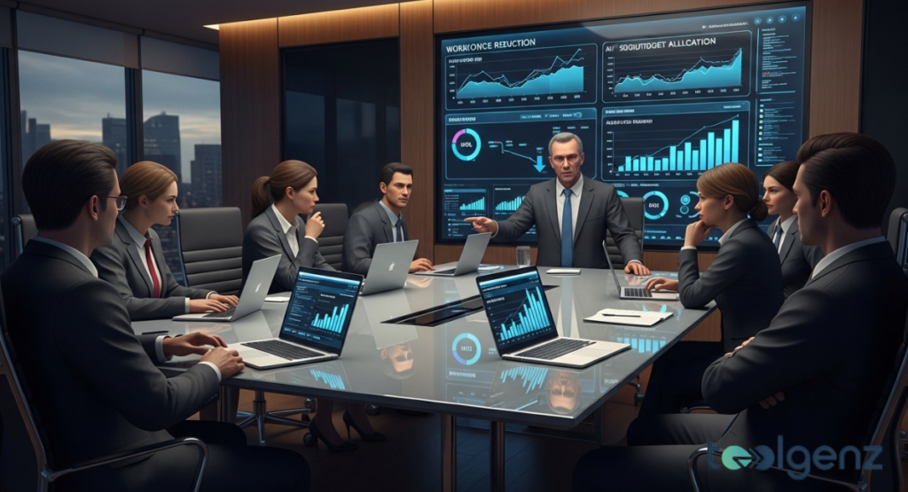 Executives in a glass-walled boardroom review workforce reduction and budget allocation charts on a wall display.