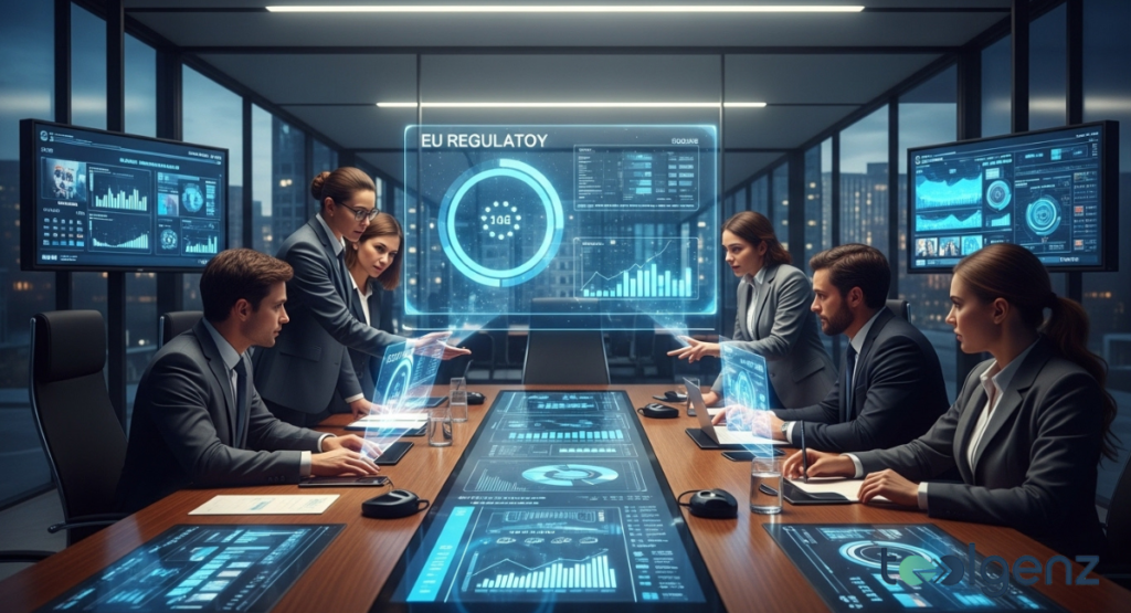 Six professionals in a modern boardroom analyze holographic dashboards labeled “EU REGULATOY.” Data charts and circular graphics float above an interactive table with city skyline views.