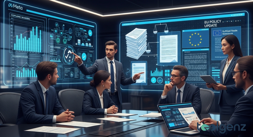 Meta executives in a modern boardroom analyzing compliance measures and EU policy updates on large holographic screens.