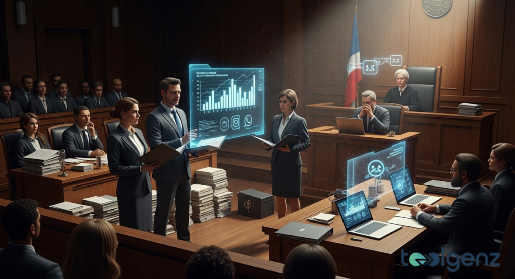 Lawyers present glowing bar charts and app icons on a transparent screen in a wood-paneled courtroom. A judge watches from the bench as attendees observe the digital evidence display.