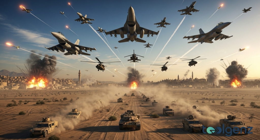 Dozens of fighter jets and helicopters fly low over a desert city while armored vehicles kick up dust below. Explosions and smoke erupt along the skyline as missiles streak through the sky.