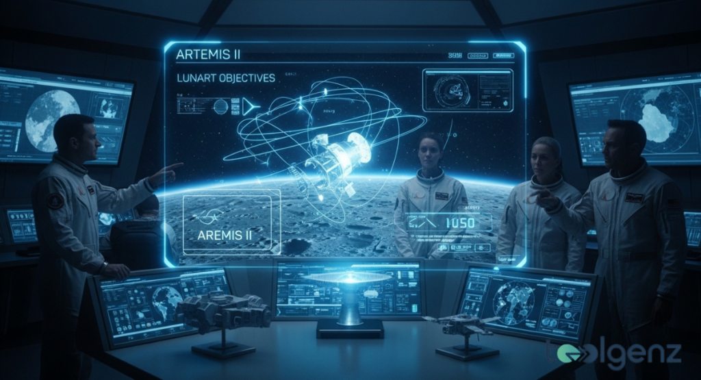 Astronauts study a large holographic display labeled ARTEMIS II with lunar trajectory graphics in a dim control room.