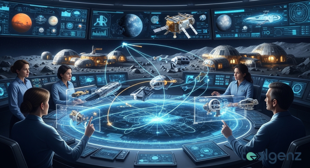 A team of five analyzes holographic spacecraft models over a glowing circular table with a lunar base in the background.