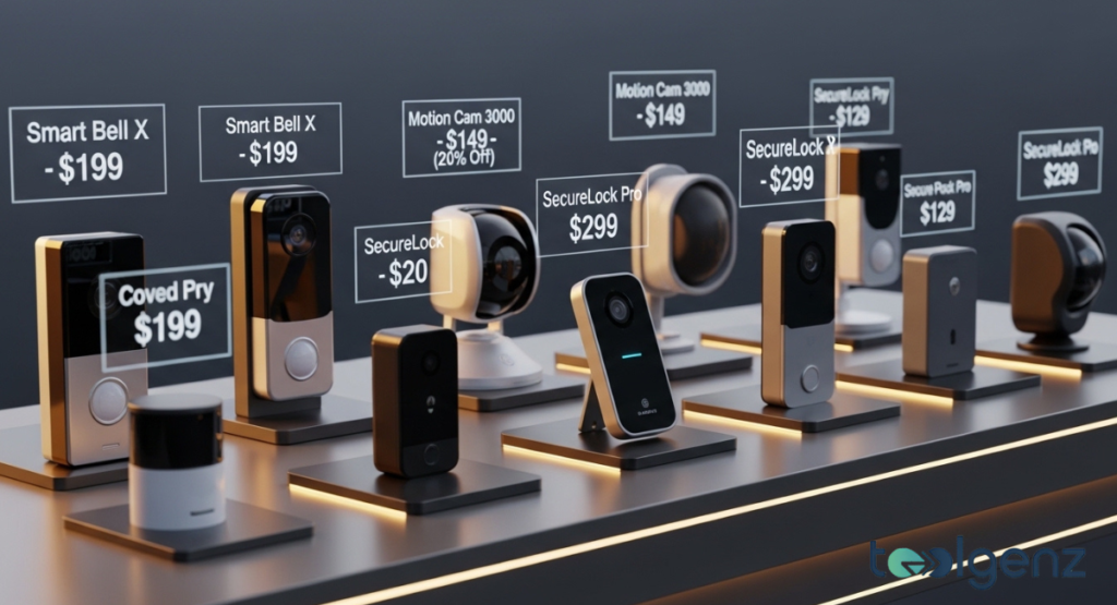 A row of smart doorbells and cameras sits on display stands with floating price tags. Labels like Smart Bell X and SecureLock Pro show discounts and model names.