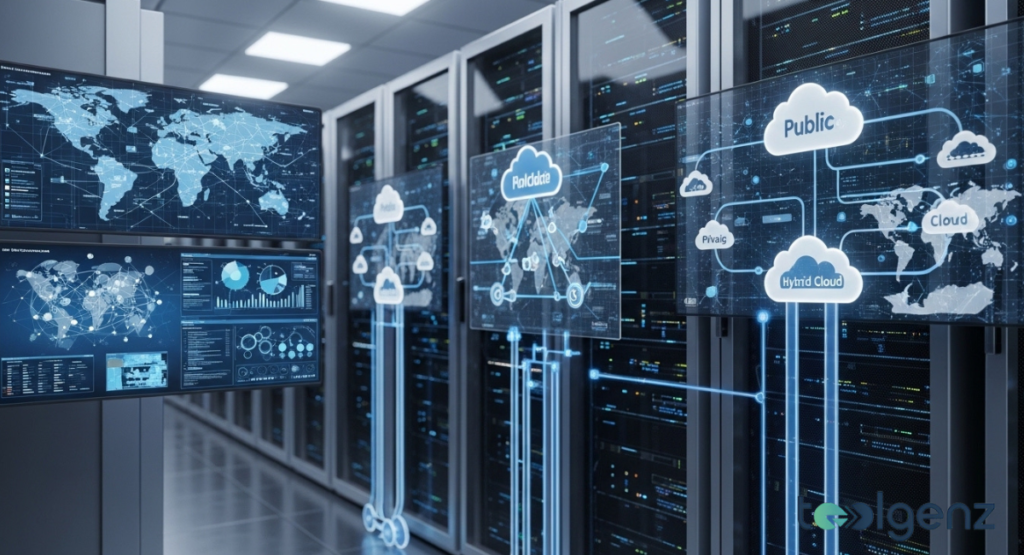 A server room with multiple screens displaying network maps and cloud architecture diagrams, illustrating multi-cloud and hybrid cloud strategies. This setup powers modern enterprises with robust and flexible infrastructure.