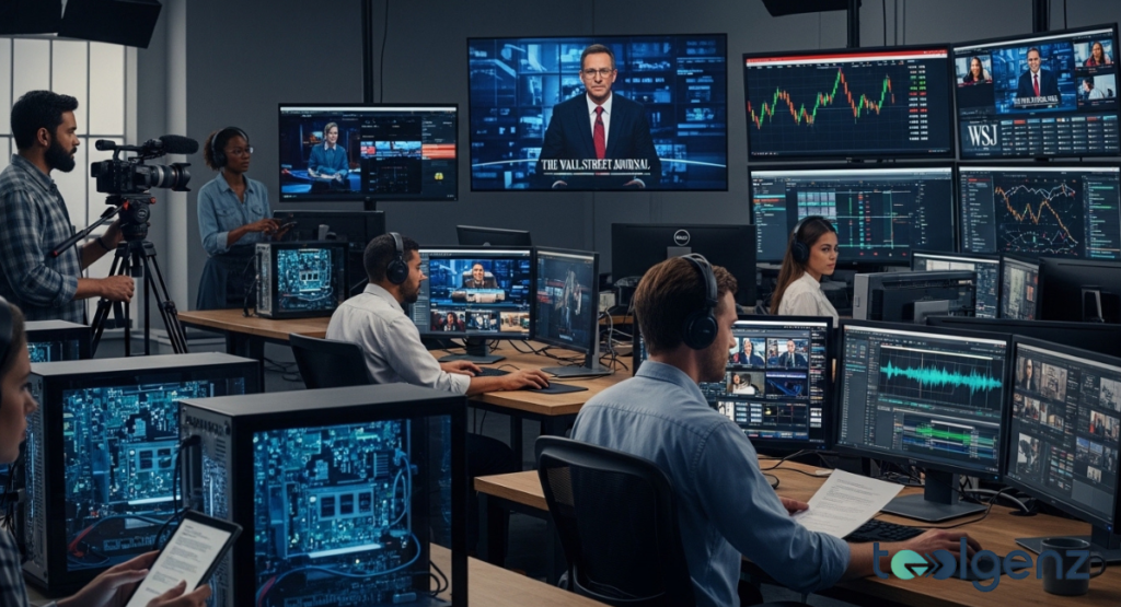 A busy media production studio with camera operators, sound engineers, and producers working at various workstations, monitoring multiple screens displaying live broadcasts and editing software. The environment shows the creation of multimedia and digital features for a news organization.