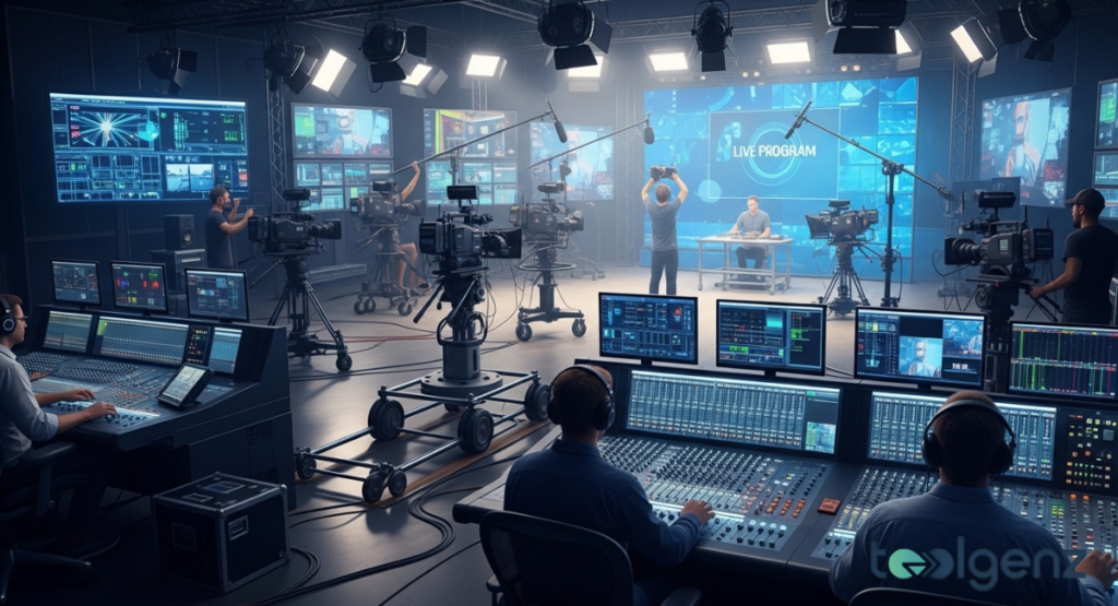 Television studio with multiple cameras and a host at a desk under bright lights. Crew operate mixers and monitors while a large “LIVE PROGRAM” backdrop glows.