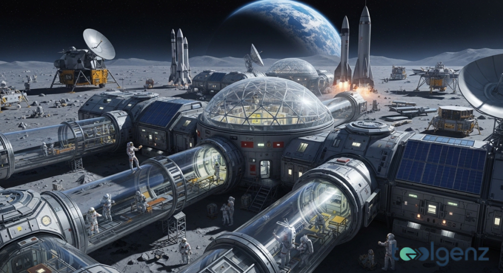 Busy lunar outpost with transparent corridors and a central glass dome. Astronauts move inside tubes while rockets and landers crowd the background.