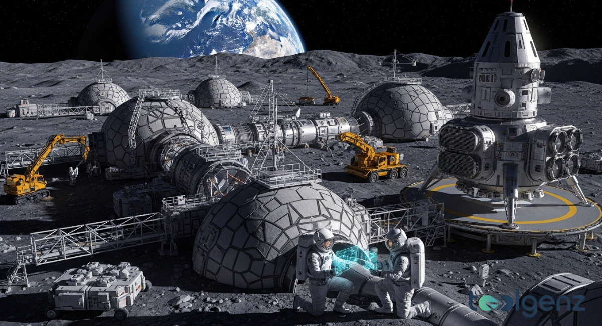 Futuristic lunar settlement with domed habitats and a landed spacecraft under Earthrise. Concept art depicting NASA’s $20 billion moon base and surface operations.