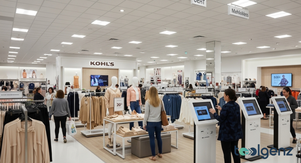 Bright, modernized store interior with clothing racks, mannequins, digital kiosks, and customers browsing.