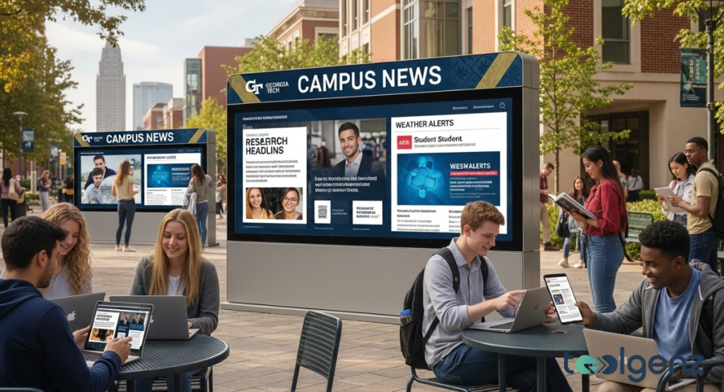 Students sit at outdoor tables with laptops near large digital “Campus News” kiosks on a sunny plaza. Others read, chat, and walk by brick buildings and the city skyline in the distance.