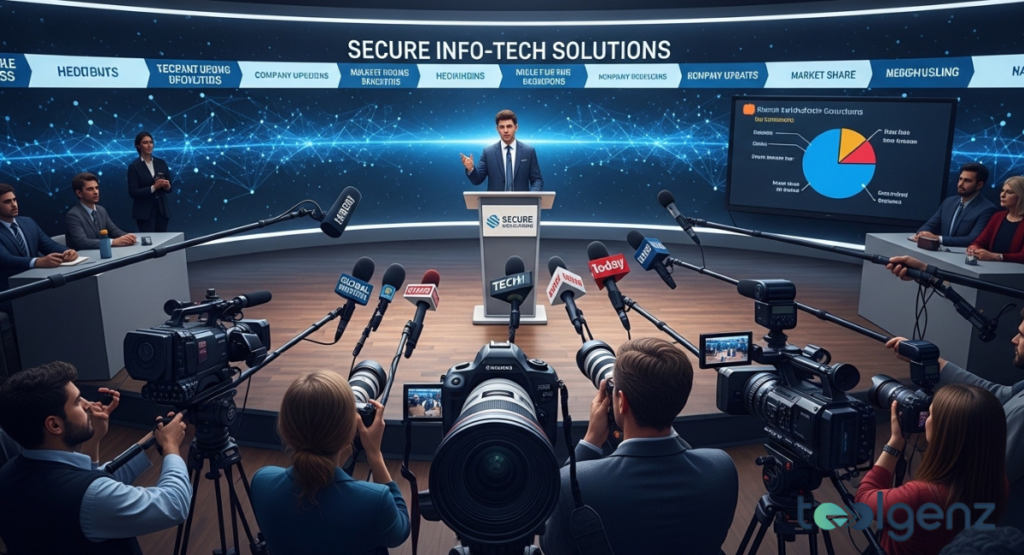 A speaker at a press conference, representing Secure Info-Tech Solutions, addresses a crowd of media. A large screen behind him displays a pie chart and company updates, amid a network of glowing lines.