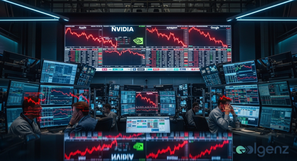 A darkened, futuristic trading room shows screens filled with NVIDIA and other tech stock charts falling. Traders at their desks appear stressed, observing the steep declines in real-time.