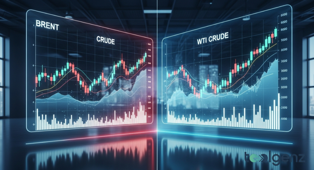 Two large, glowing holographic screens display intricate stock charts comparing "BRENT CRUDE" and "WTI CRUDE." The red and blue charts illustrate volatility in the oil market, with fluctuating price patterns.