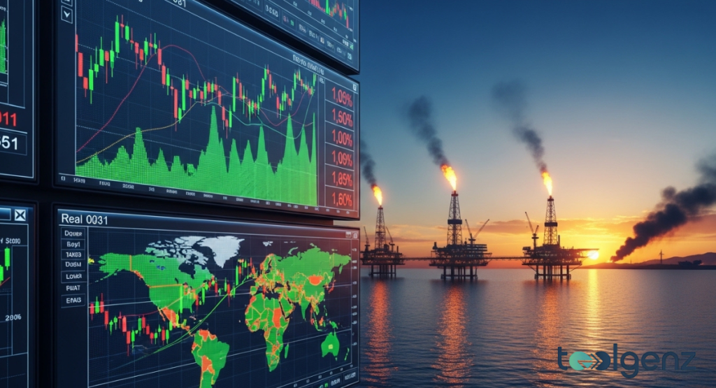 A striking juxtaposition of vibrant green stock charts with offshore oil rigs at sunset. The screens on the left display financial market data, while the right shows industrial activity.
