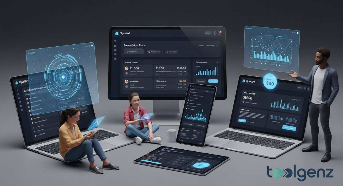 Miniature figures interact with oversized screens showing OpenAI ChatGPT price tiers and ad options. A presenter gestures toward dashboards displaying $20 pricing and usage charts.
