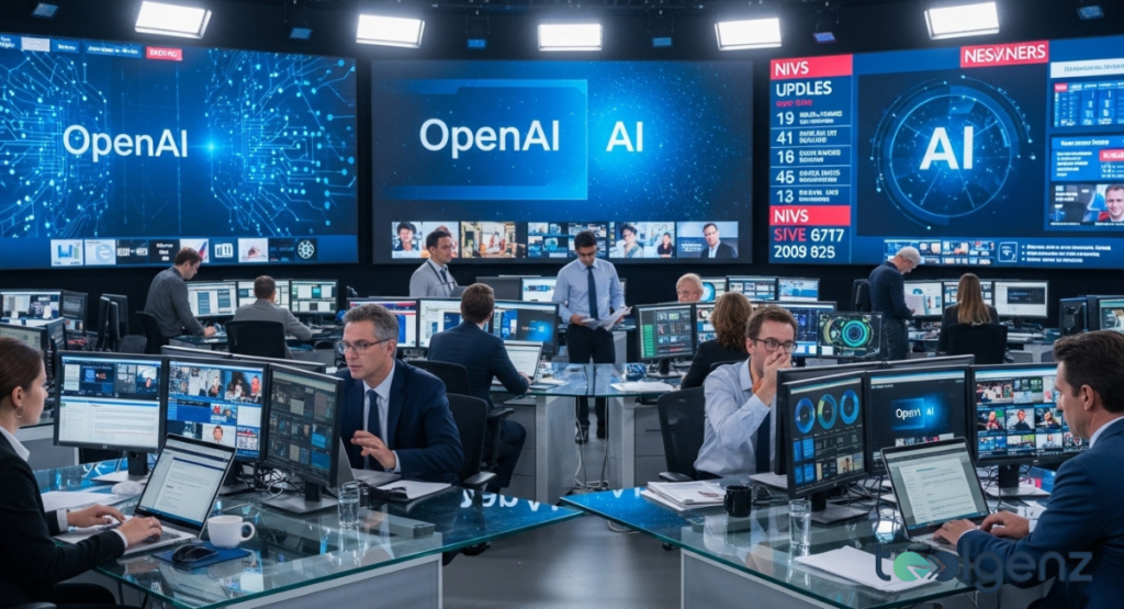 A bustling news control room with a massive wall of screens displaying "OpenAI" news and updates. Journalists and analysts monitor various feeds, highlighting top stories and current developments.