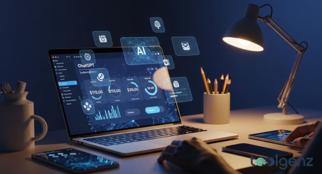 A person uses a laptop displaying the ChatGPT interface with financial metrics and subscription options. Holographic icons for AI, cameras, and documents float above the screen, indicating various features.