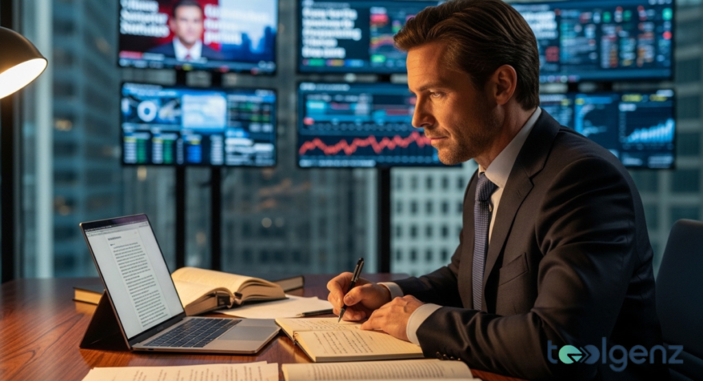 A focused businessman in a suit intently writes in a notebook beside a laptop, with multiple screens displaying financial news and market analysis in the background. His thoughtful demeanor suggests deep engagement with information, possibly for opinion and commentary.