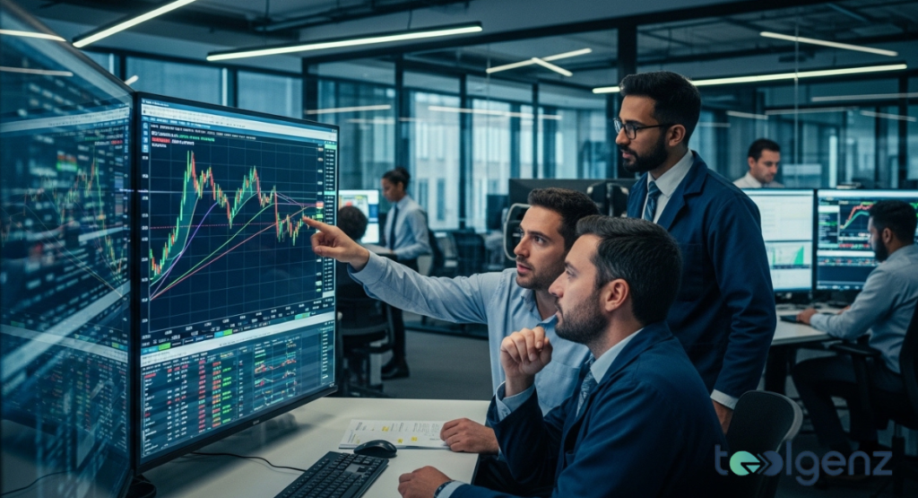 Three analysts huddle around a large monitor showing a rising price chart. One analyst points at the screen while others study the trend in a busy trading room.World map, AI emblem, and bar charts float above a sleek office desk.