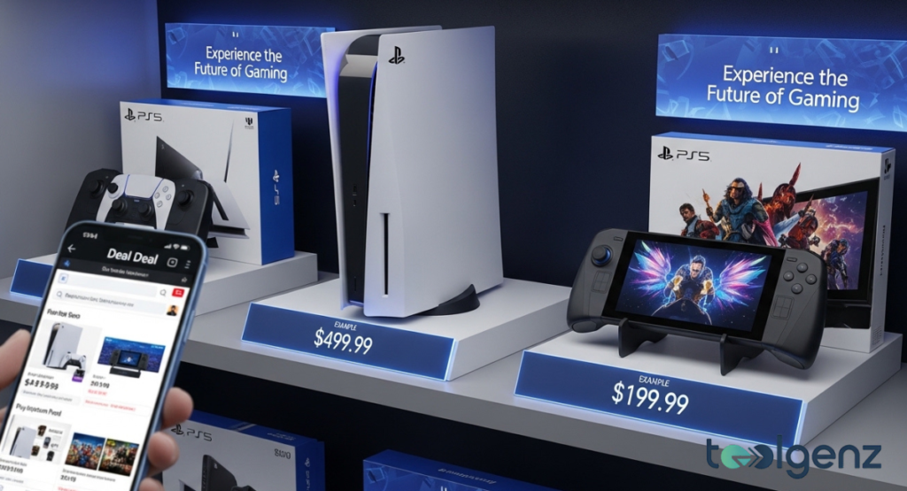 A person holds a smartphone displaying deals for PS5 consoles and PlayStation Portal handhelds in a store. The physical devices are displayed on illuminated shelves in the background with prices.